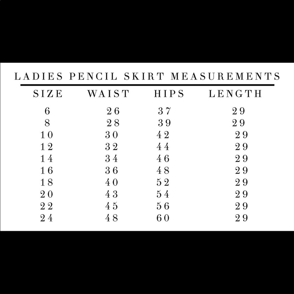 Pencil skirt size chart